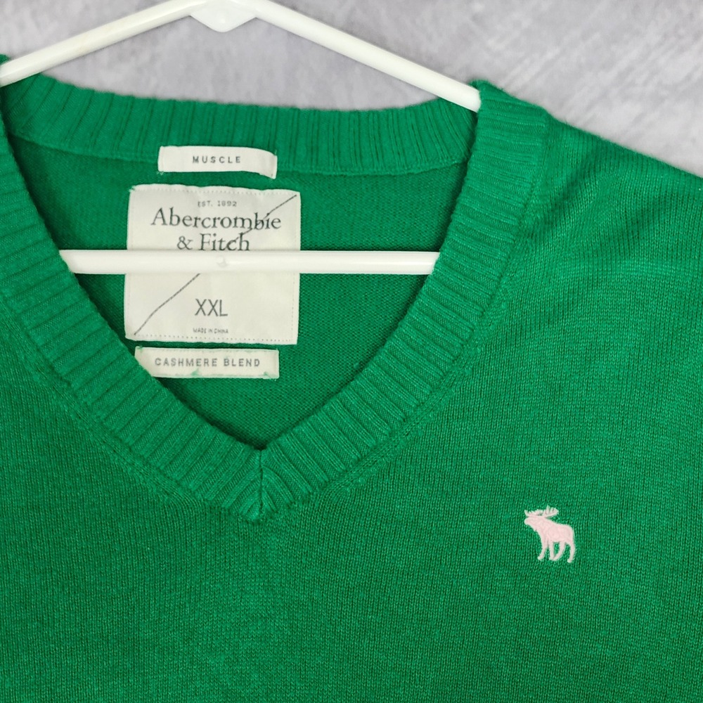 Abercrombie Fitch Sweater Cashmere Blend Mens XXL Green Muscle V Neck Moose - Picture 9 of 9